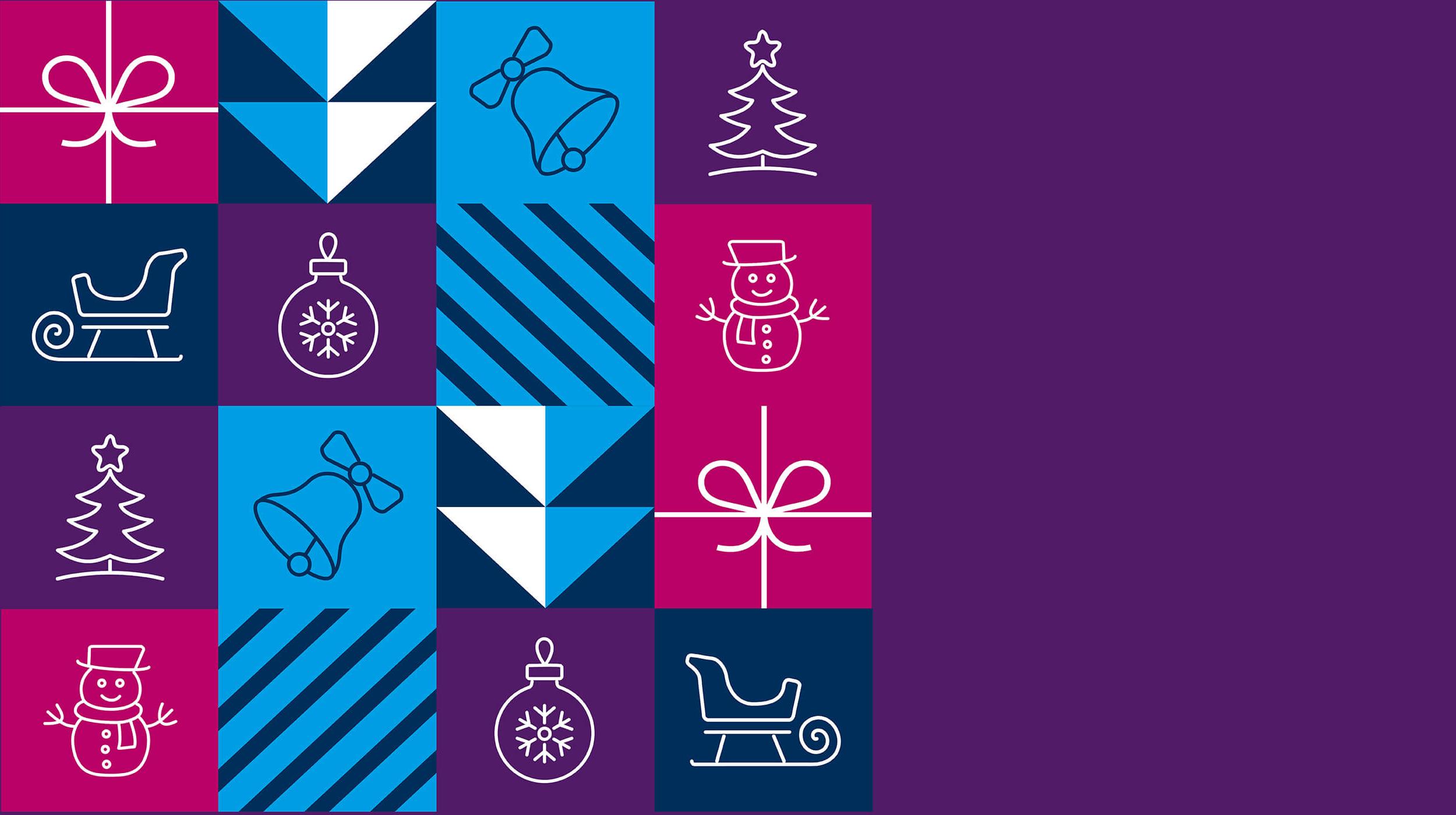 紫色横幅与线条插图的圣诞树, 雪人, 礼物弓, 贝尔, 小玩意和雪橇来庆祝圣诞节